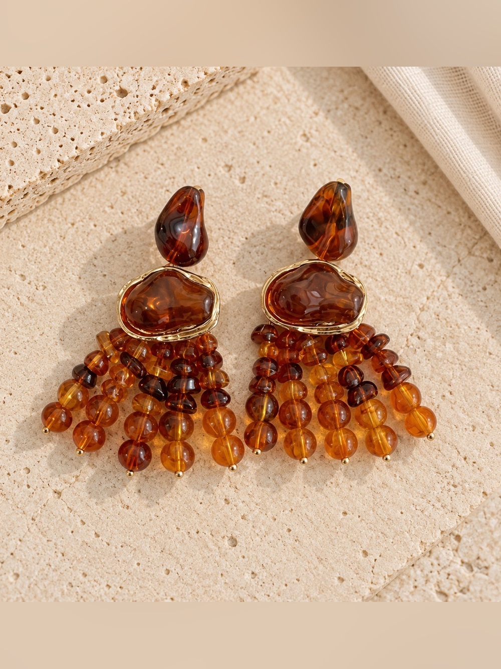 Amber Brown Beaded Statement Drop Earrings